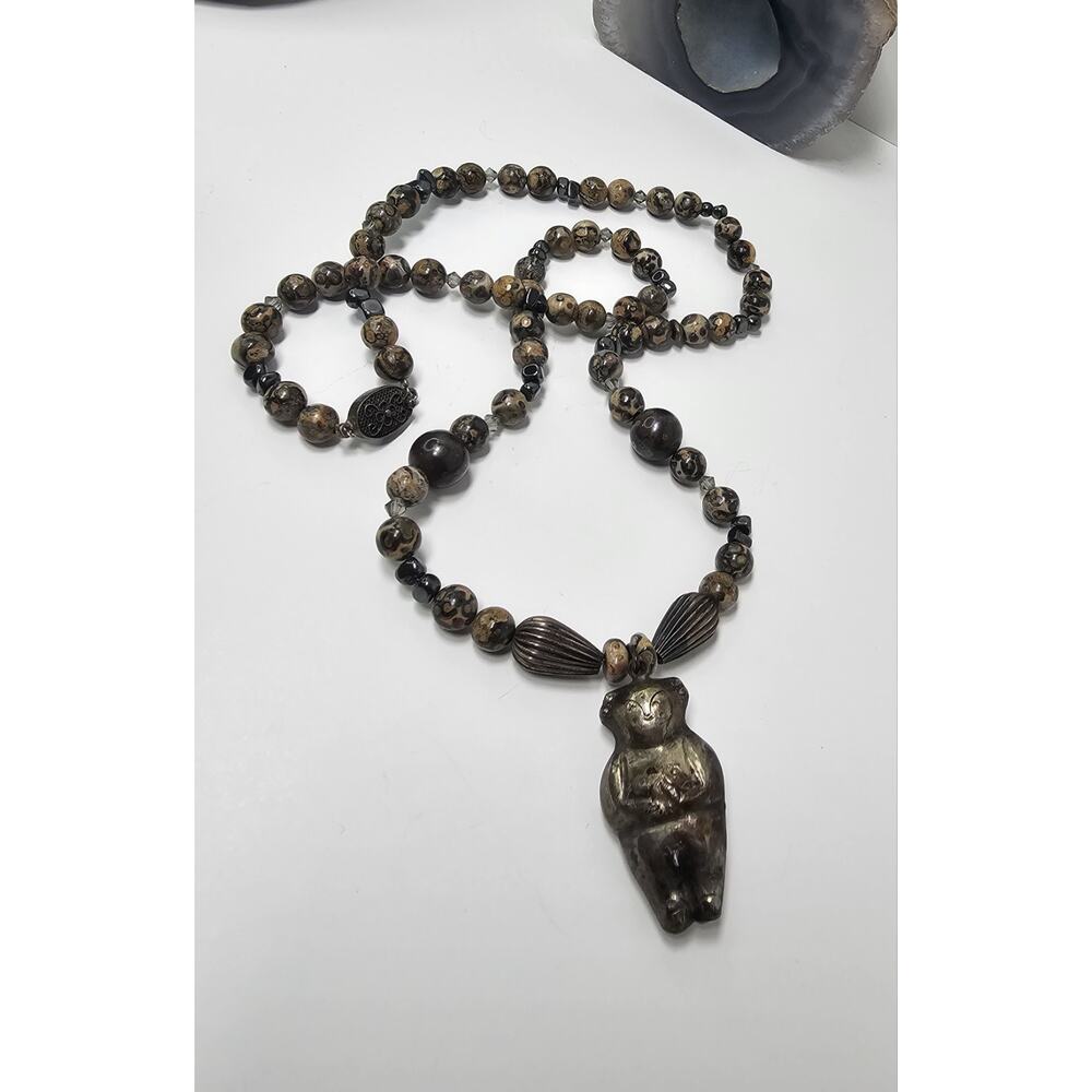 Antique Chinese Male Fertility Sterling Silver & Jasper Necklace Size: 26"